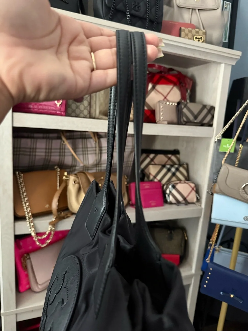 Tory Burch Black Nylon Logo Tote with Leather Trim